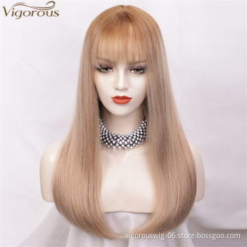Vigorous Natural Looking Wigs for Women 22 Inches Long Straight Synthetic Mixed Blonde Wigs with Flat Bangs High Temperature